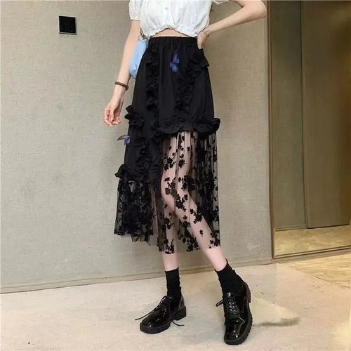 Load image into Gallery viewer, Black Lace Patchwork Skirt
